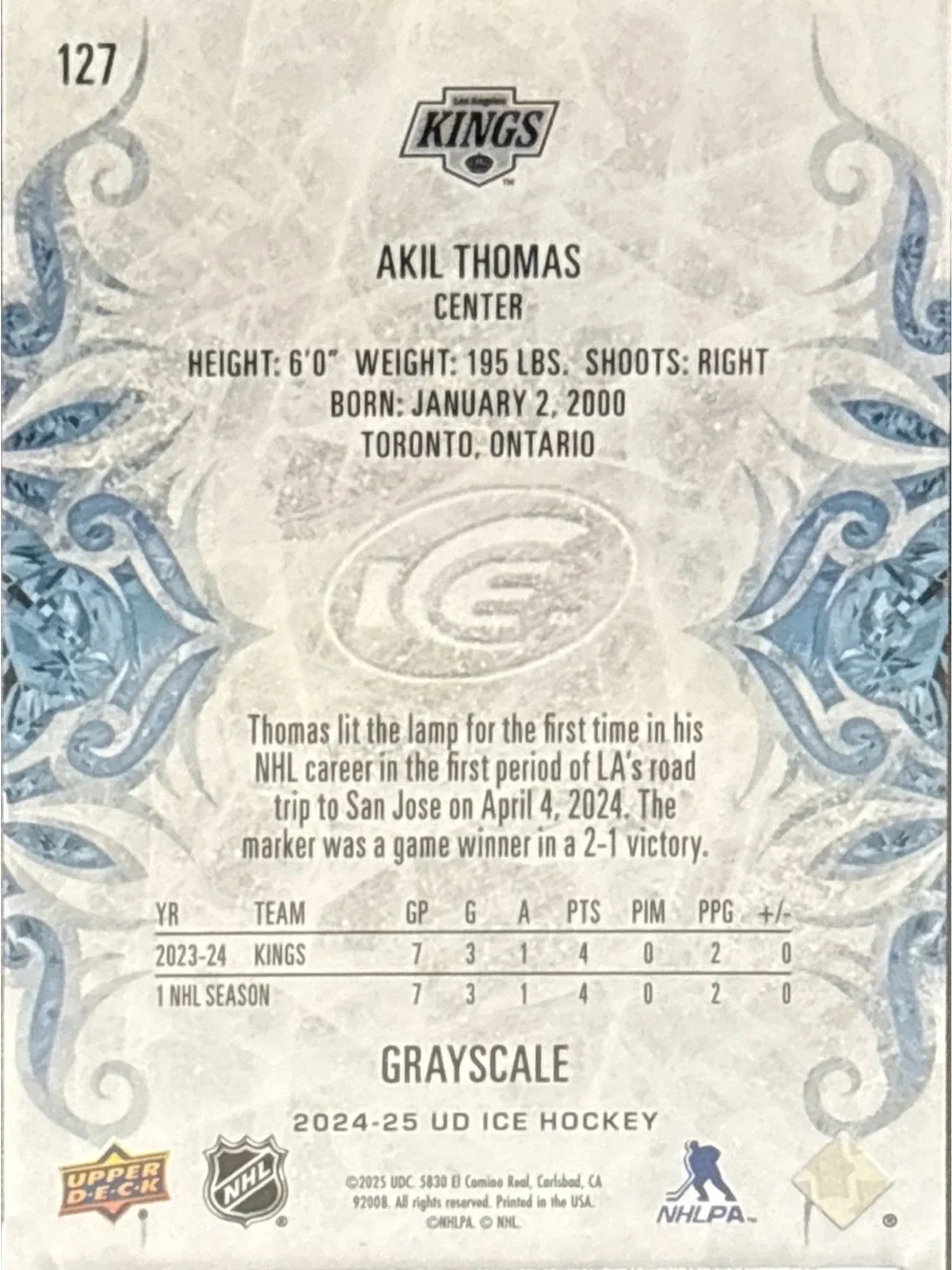 Upper Deck Akil Thomas Los Angeles Kings Rookie Trading Card LE 48/99